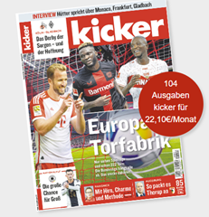 Jahresabo (104 Ausgaben) “Kicker” für 265,20€ + 180€ Verrechnungscheck als Prämie