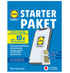 Lidl Connect Prepaid SIM Karte Starter Paket (Vodafone Netz) mit 10€ Guthaben für 1,99€