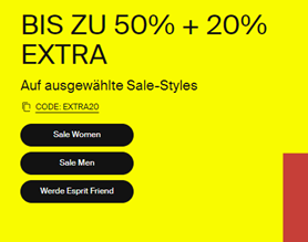 Esprit: SALE bis zu 50% Rabatt + 20% EXTRA auf ausgewählte Styles