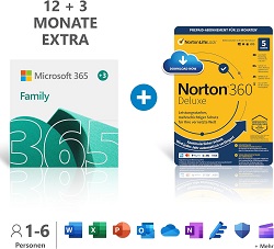 Microsoft 365 Family 12+3 Monate für sechs Nutzer mit Norton 360 Deluxe für 53,99€ (Vergleich: 77,03€)