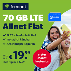 70GB LTE Allnet Flat mit SMS und Sprachflat im Telefónica Netz für 19,99€ im Monat – erster Monat kostenlos, dank Startguthaben – monatlich kündbar