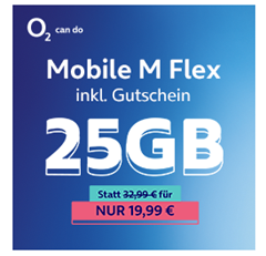 o2 Mobile M Flex (25GB 5G Datenvolumen) für 19,99€ im Monat (monatlich kündbar) inkl. 40€ BestChoice Gutschein