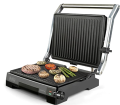 Black+Decker BXGR2200E 2200W Kontaktgrill mit glatten Platten und Grill, Zubreiten von Fleisch, Fisch, Gemüse, 180º-Öffnung, Temperatur- und Zeitsteuerung mit LCD-Display für 59,99€