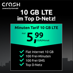 Crash Tarife: 10GB LTE Datenflat (bis 50 Mbit/s) mit 100 Frei SMS und 100 Freiminunten im Vodafone Netz für 5,99€/Monat