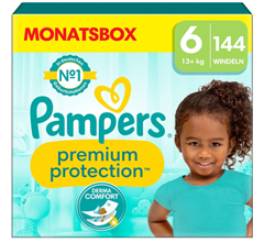 Pampers Baby Windeln Größe 6 (13kg+) Premium Protection, Extra Large, MONATSBOX, bester Komfort und Schutz für empfindliche Haut, 144 Stück für 42,88€