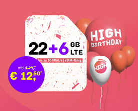 High Mobile: 28GB LTE Daten (bis 50Mbit), SMS und Allnet-Flat im Telekom Netz für 12,50€/Monat + 75€ Wechselbonus – 5G = +3€/Monat