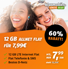12GB LTE Datenflat mit SMS und Sprachfalt im Telekom-Netz für 7,99€/Monat