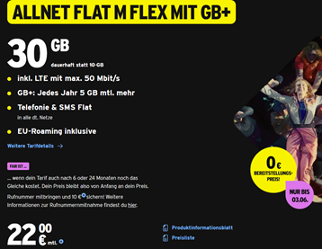 Congstar Allnet Flats im Telekom Netz ohne Anschlussgebühr + auf Wunsch monatlich kündbar, so z.B. 50GB für 27€/Monat
