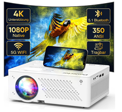 Tragbarer 4K Beamer (Native 1080P, 5G WiFi Bluetooth, 15000 L Filmprojektor) für 69,99€