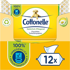 Cottonelle Feuchtes Toilettenpapier, Natürlich Pflegend – Kamille & Aloe Vera, Biologisch Abbaubar, Plastikfrei, Wiederverschließbar, Vorteilspack, 12 x 42 Feuchttücher für 14,08€