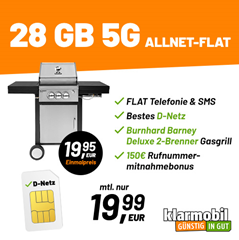 28GB 5G Telekom Allnet Flat + Burnhard Barney Deluxe 2-Brenner Gasgrill für 19,99€/Monat + 150€ Wechselbonus
