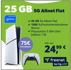 Playstation 5 Slim Disc Edition 1TB für 75€ mit 25GB 5G o2 Daten, SMS und Sprachflat für 24,99€/Monat + 150€ Rufnummermitnahmebonus