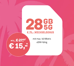 28GB 5G Daten (bis 50Mbit), SMS und Allnet-Flat im Telekom Netz für 15€/Monat + 75€ Wechselbonus