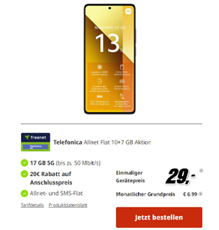 [Top] Xiaomi Redmi Note 13 5G für 29€ mit 17GB 5G Daten, SMS und Sprachflat im o2 Netz für 6,99€/Monat + nur 19,99€ Anschlussgebühr