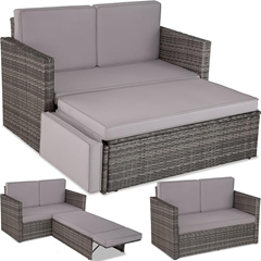 tectake Sofa Set – 2 Sitzer Sessel mit Hocker und Schlaffunktion, kleine Rattan Couch als Outdoor Gartenmöbel für 165,79€