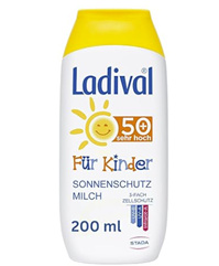 Ladival Kinder Sonnenmilch LSF 50+ – Parfümfreie Sonnenschutzlotion für Kinder – ohne Farb- und Konservierungsstoffe – wasserfest – 1 x 200 ml für 9,39€