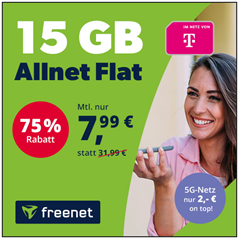 Freenet: 15GB LTE Datenflat, SMS und Sprachflat im Telekom Netz für 7,99€/Monat (alternativ mit 5G für 9,99€/Monat)