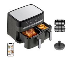 Tefal EY905B Heißluftfritteuse mit 2 Kammern (8,3 Liter) + Grillplatte sowie Hamburger-Presse für 139,90€ (Vergleich: 199,99€)