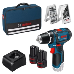 Bosch Akku-Bohrschrauber GSR 12V-15 Professional mit 2 x 2,0 Ah Akku, Ladegerät und Bohrer- /Bit Set in Tasche für 99,99€ (VG: 110,15€)