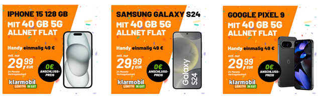 Klarmobil Geburtstags-Bundles: 40GB 5G Daten mit SMS und Sprachflat im Vodafone Netz für 29,99€ mit z.B. iPhone 15 für 49,99€ oder Samsung S24 für 49,99€