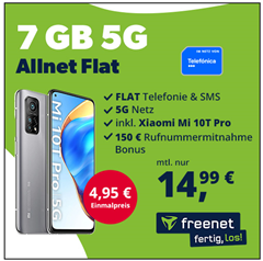 Xiaomi Mi 10T Pro für 4,95€ mit Allnet Flat 7GB (5G) im o2 Netz für 14,99€ + 150€ Bonus