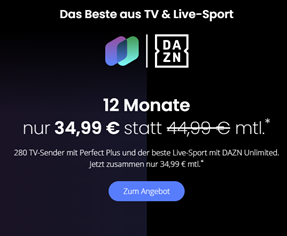 waipu.tv Perfect Plus mit DAZN Unlimited Jahrespaket nur 34,99€ mtl. statt 44,99€