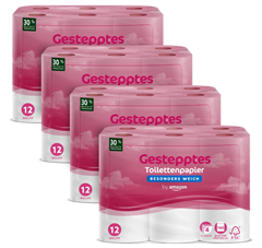 by Amazon Toilettenpapier, 4-lagig Gestepptes, Besonders Weich, 48 Rollen (12 Rollen, 4-er Pack), 160 Blätter pro Rolle, FSC-Zertifiziert für 18,30€ (statt 24,65€)