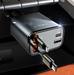 LISEN 69W Zigarettenanzünder USB-C Auto Ladegerät mit einziehbaren Kabeln (Lightning und USB-C) für 19,99€