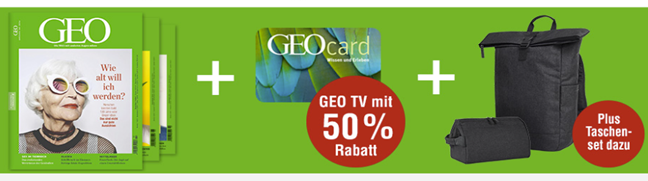 3 Ausgaben GEO + GEOcard + 50% GEO TV + Reisetaschen-Set für 20,50€ inklusive Lieferung