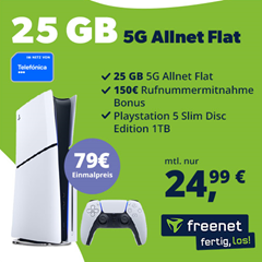 Playstation 5 Slim Disc Edition 1TB für 79€ mit 25GB 5G o2 Daten, SMS und Sprachflat für 24,99€/Monat + 150€ Rufnummernmitnahmebonus