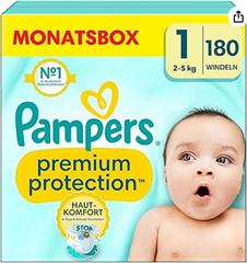Pampers Baby Windeln Größe 1, Premium Protection, Windeln x180, 2kg-5kg, Doppelter Schutz für Hautkomfort & gegen Auslaufen ab 25,86€