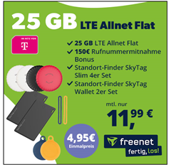 25GB LTE Telekom Datenflat mit SMS und Sprachflat inkl. 150€ Rufnummermitnahmebonus für 11,99€/Monat + für 4,95€ SmartTag Finder