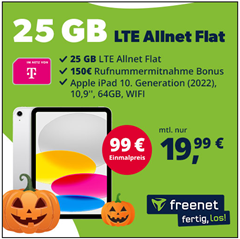 Apple iPad 10. Generation (2022) mit 64GB/Wifi für 99€ mit 25GB LTE Daten, SMS und Sprachflat im Telekom Netz für 19,99€/Monat