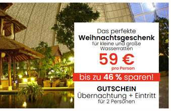 TROPICAL ISLANDS Wertgutschein (2 Tage Eintritt + Übernachtung) für 59€/Person für 2025