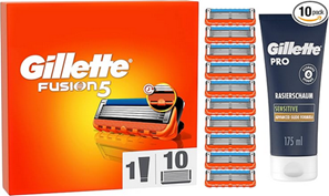 Gillette Fusion 5 Rasierklingen und Bartpflege Set, 10 Ersatzklingen für Nassrasierer Herren + Gillette PRO Sensitive Rasierschaum 175 ml für 24,99€