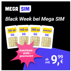 MegaSIM: 4 Tarife mit mehr Datenvolumen, so z.B. 50GB 5G Allnet Flat für 9,99€ im o2 Netz – monatlich kündbar