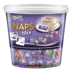 Milka Naps Mix 1 x 1kg Dose, Zartschmelzende Mini-Schokoladentäfelchen aus Alpenmilch, Erdbeer, Haselnuss und Crème au Cacao für 12,39€