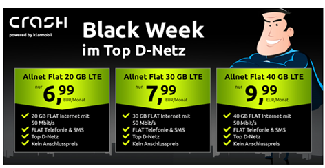 Crash Tarife Black Week mit reduzierter Grundgebühr + kein Anschlusspreis, so z.B. 30GB im Vodafone Netz für 7,99€/Monat