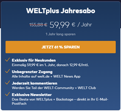 WeltPlus Jahresabo für 59,99€ (anstatt 155,88€) oder Monatsabo für 5,99€ (statt 12,99€)