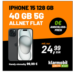 iPhone 15 128GB für 99,99€ mit 40GB 5G Daten, SMS und Sprachflat im Vodafone-Netz für 24,99€/Monat (effektiv–0,84€/Monat)