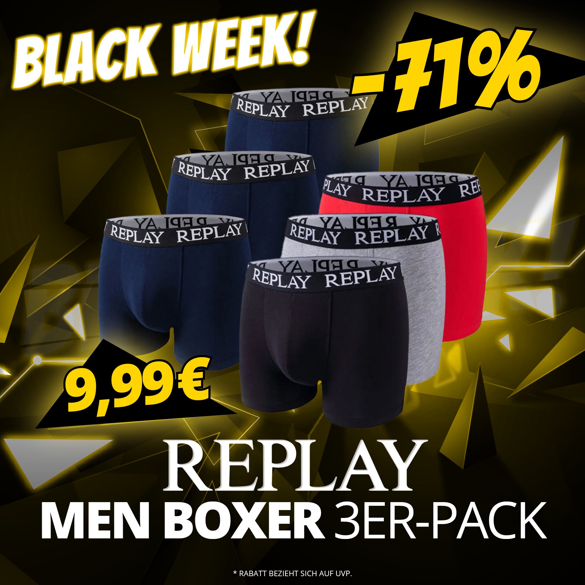 Replay Basic Cuff Logo Herren Boxershorts (3er Pack) für 9,99€ (zzgl. 4,95€ Versand – ab 60€ frei)