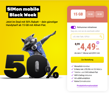 SIMon mobile (Vodafone Netz) Black Week mit 50% Rabatt in den ersten 6 Monaten, so z.B. 15GB Allnet Flat für 4,49€/Monat + keine Einmalkosten + monatlich kündbar
