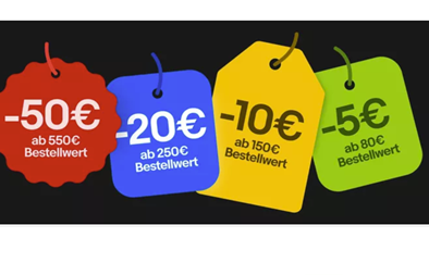 eBay: 5€ Rabatt ab 80€, 10€ ab 150€, 20€ ab 250€ oder 50€ ab 550€ Bestellwert