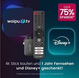[Knaller – 75% Rabatt] waipu.tv 4K Stick mit 1 Jahr Perfect Plus und Disney+ Standard mit Werbung für zusammen 64,98€