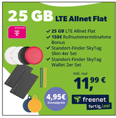 6 x Smart Tag (4mal für Objekte, 2mal für´s Portemonnaie) für 4,95€ mit 25GB LTE Daten, SMS & Sprachflat im Telekom Netz für 11,99€ + 150€ Wechselbonus