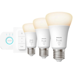 Philips Hue White E27 1100lm Bluetooth Starter Kit – 3 Lampen, Bridge, Dimmschalter für 64,90€ (Vergleich: 74,99€)