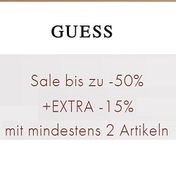 Guess: Bis zu 50% Rabatt auf ausgewählte Artikel im Sale und 15% Extra-Rabatt ab dem Kauf von zwei Artikeln