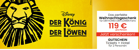 Reisegutschein für Disneys DER KÖNIG DER LÖWEN in Hamburg für 119€/Person (Ticket + Hotel)