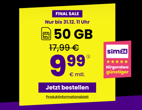 sim24: 50GB 5G Daten, SMS und Sprachflat für 9,99€/Monat
