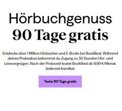 BookBeat 90 Tage Hörbücher gratis anhören = 30 Stunden